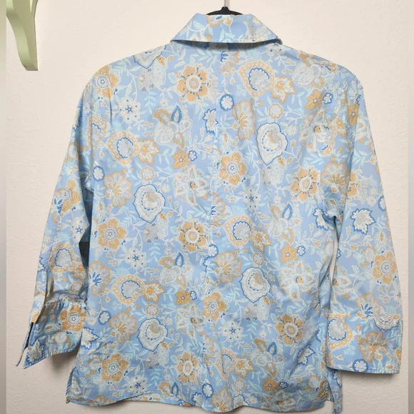 Land's End Women's 3/4 Sleeve Blue Floral Paisley Button‎ Down Shirt Size 12 - Picture 7 of 8